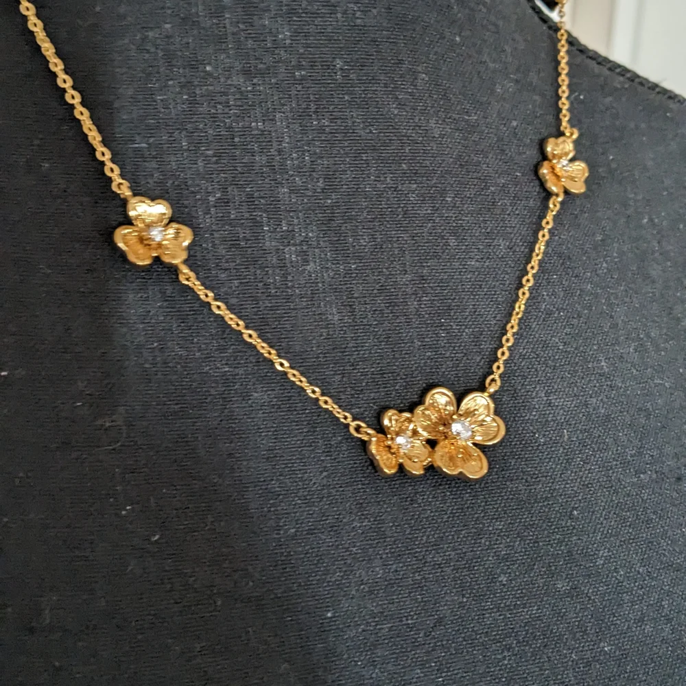 Gold Floral Necklace with Crystals Signed Nolan Miller - Picture 7 of 9